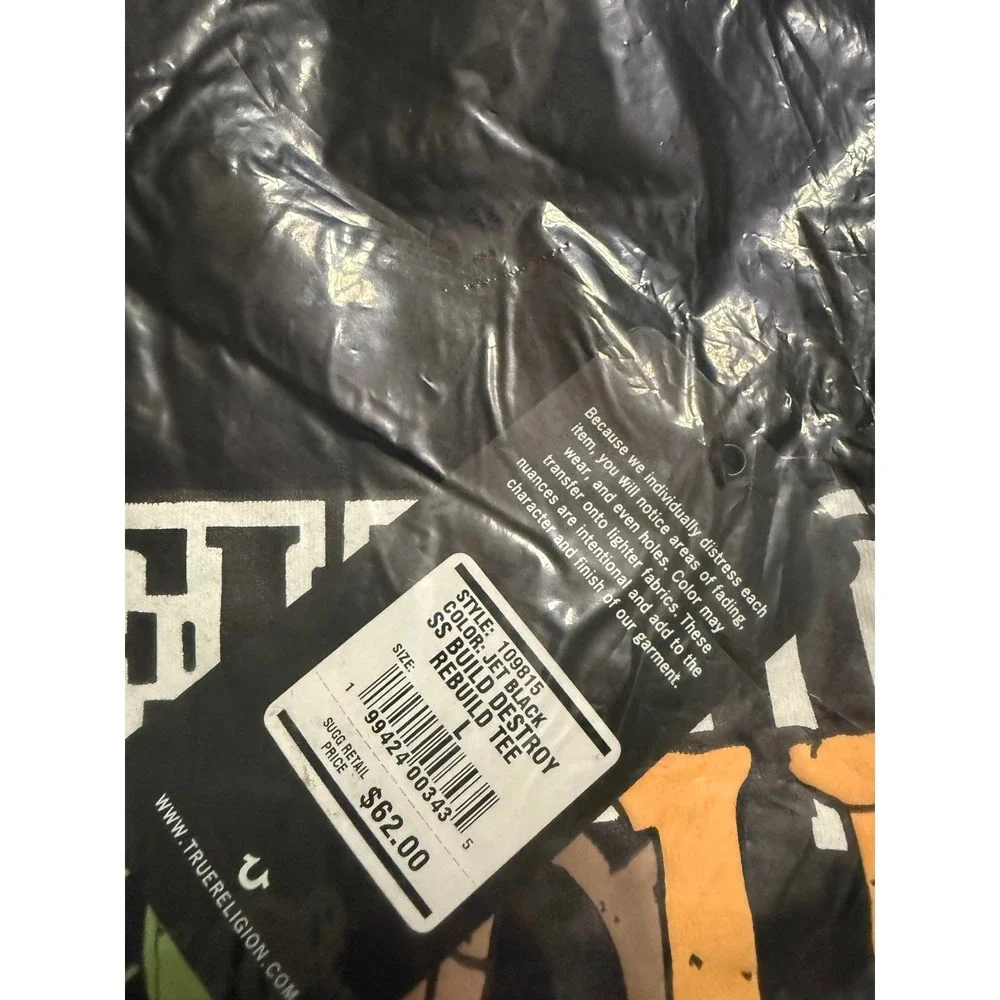 True Religion Mens Stitch Dept Graphic Tee Jet Black SS Build Destroy Rebuild L